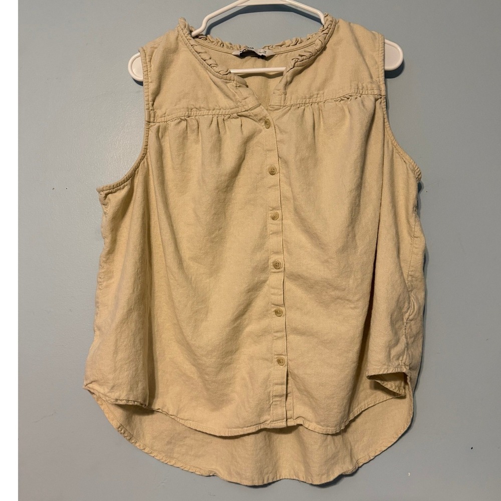 Sonoma Goods For Life Women's 1X Beige Linen Ruffle Neck Sleeveless Blouse 2053